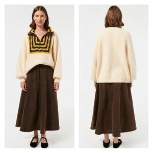 RHODE Finn Sweater in Macadamia - yellow/navy crochet zip neck